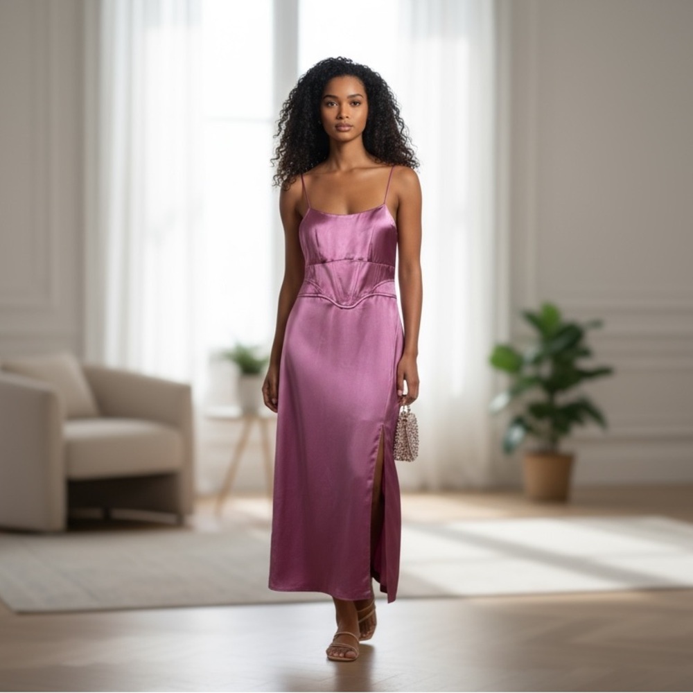 NWOT JASON WU Satin Corset Square Neckline Midi Dress Pink S